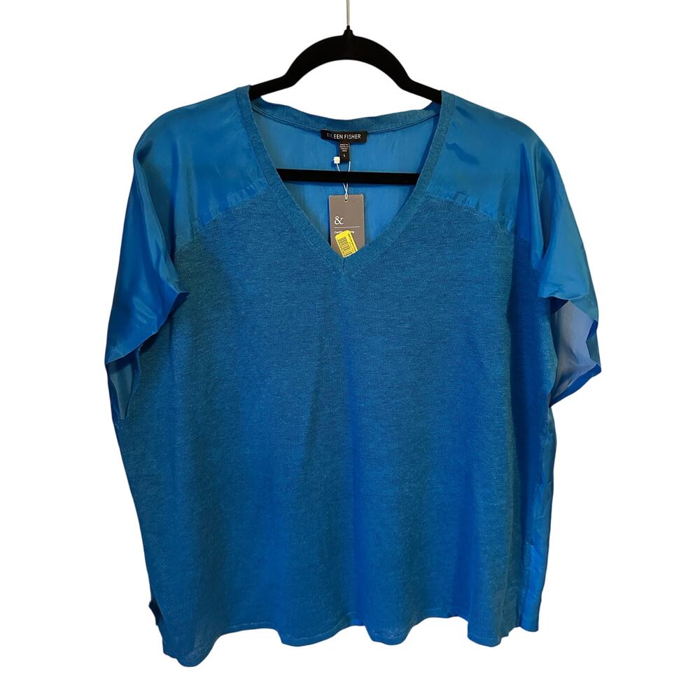Eileen Fisher Blue Silk Linen Knit Boxy Short Sleeve Shirt Size L